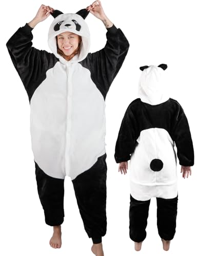 Onesie Panda Kostüm Unisex, Kuschelig Schlafanzug Einteiler Damen Herren Erwachsene mit Reißverschluss Kapuze Pyjama Kuschel Jumpsuit Tierkostüm Lang Homewear Karneval Fasching Kostüm Damen Herren von Moiuguli