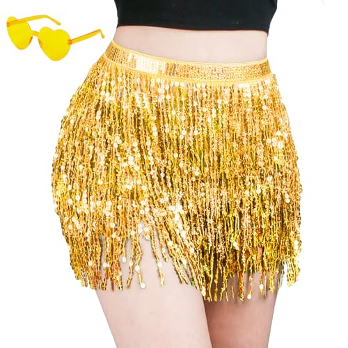 Pailletten Rock, Pailettenrock für Damen Gläser Set, Glitzerrock + Gläser, Quasten Glitzer Rock, Mini Rock für Damen und Mädchen, Gelb Bauchtanz Lateintanz Hula-Performance Kostüm, Steampunk Stil von Moiuguli