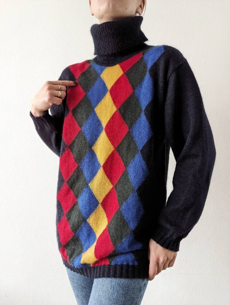 Vintage Kid Mohair Blend Long Roll Neck Jumper Sweater With Argyle Pattern S M L Xl Vintage Kid Mohair Blend Long Roll Neck Jumper Sweater With Argyle Pattern S M L Xl von MojaVintageShop