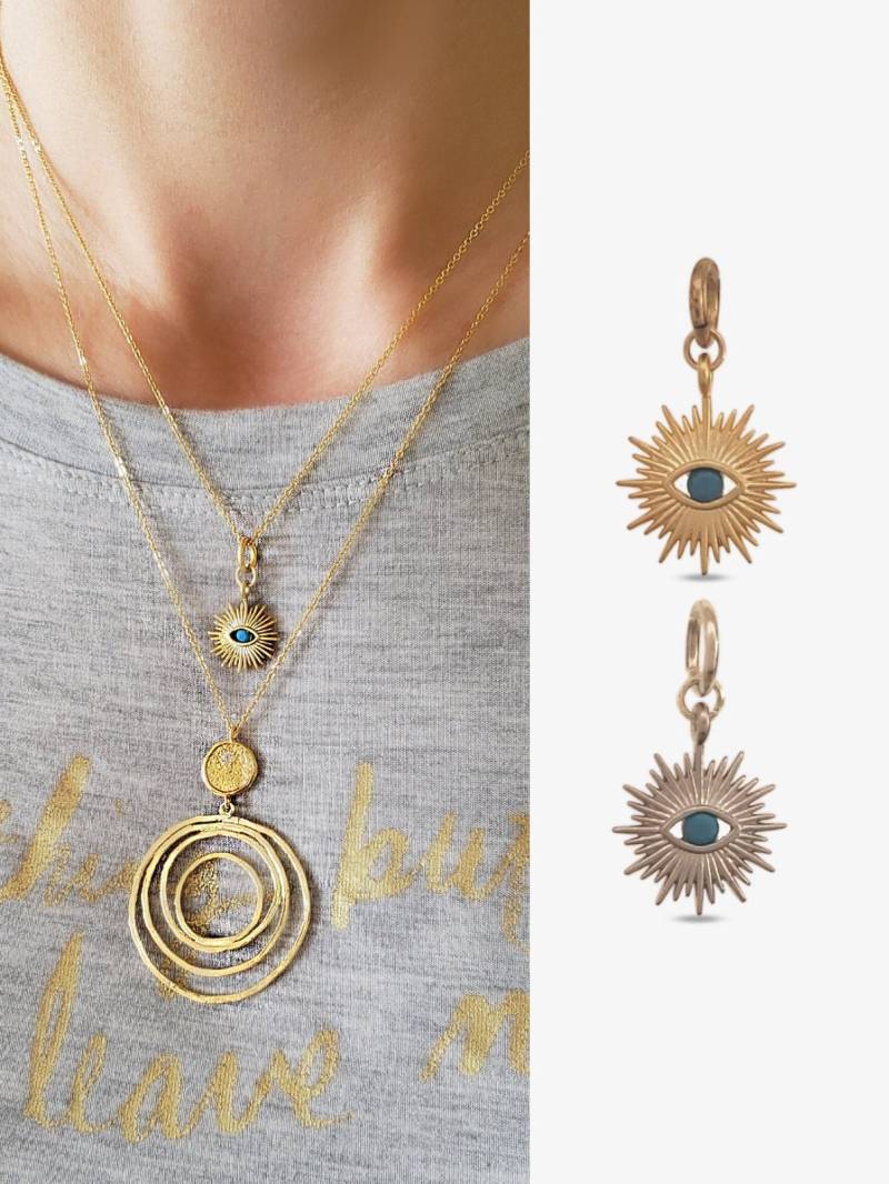 Gold Oder Silber Slide On Matt Starburst Auge Charm Layering Evil Eye Halskette Mehrreihige Schmuck Türkis Blau Augenschutz von MojoSupplyCo