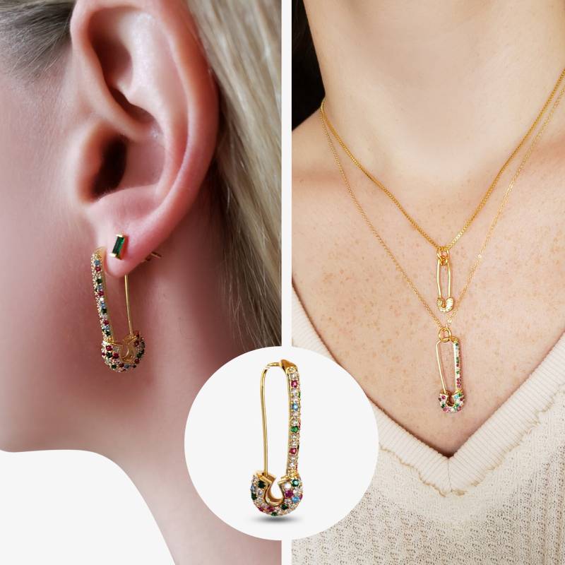 Gold Regenbogen Sicherheitsnadel Charm Offene Und Schließen Diamant Cz Anhänger Halskette Ohrringe Charms Threader Rot Weiß Grün Clancy von MojoSupplyCo