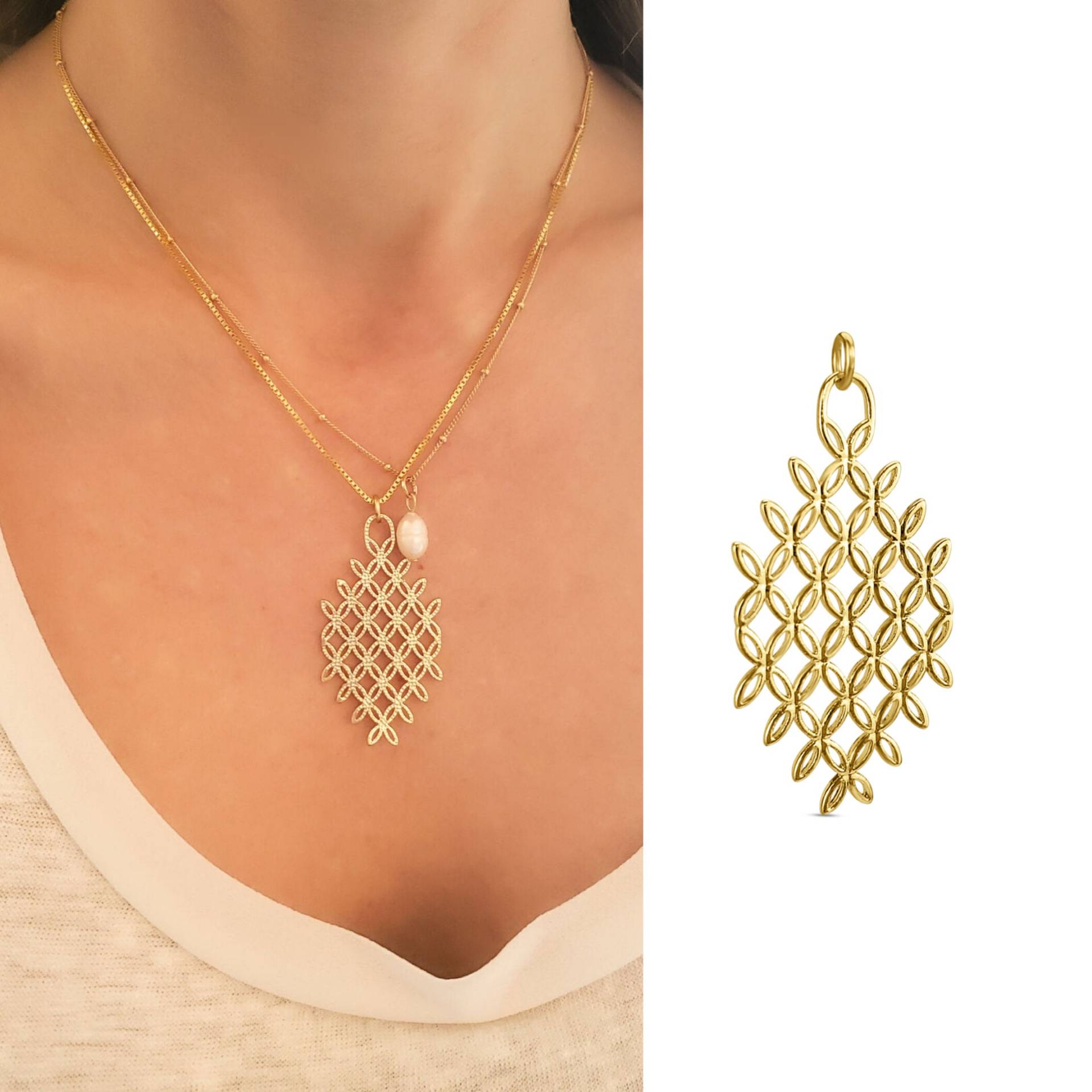 Schiebe-On Gold Filigran Anhänger Gemustert Diamant Artisan Charm Für Layered Halskette Layering Schmuck Vintage Groß Wendbar Norden von MojoSupplyCo