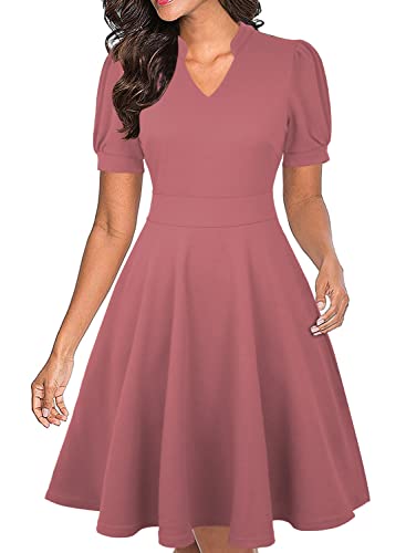 Mokayee Damen-Sommerkleid mit kurzen Puffärmeln, lässig-elegantem Schnitt, ausgestelltem Rock und Taschen – ideal für Hochzeiten, kirchliche Trauungen oder den Arbeitsalltag, 0 Rosa, Klein von Mokayee