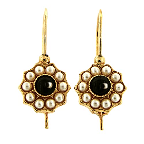 Mokilu'Vintage Ohrgehänge - aus Messing mit 24KT Gold - Handgefertigt in der Toskana, Made in Italy - Blumenmotiv mit schwarzem Onyx-Cabochon und Elfenbein-Perlen von Mokilu'