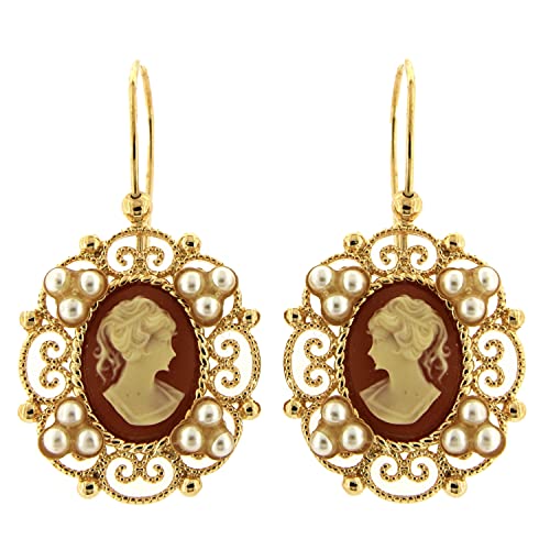 Mokilu'Vintage Ohrgehänge - aus Messing mit 24KT Gold - Handgefertigt in der Toskana, Made in Italy - zentrale rosa Kamee mit kleinen Elfenbein-Perlen von Mokilu'