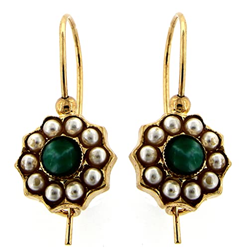 Mokilu'Vintage Ohrgehänge - aus Messing mit 24KT Gold - Handgefertigt in der Toskana, Made in Italy - zwei grüne Cabochon-Tigerauge-Steine und Elfenbein-Perlen von Mokilu'