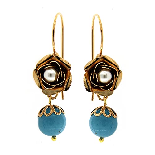 Vintage Ohrgehänge - aus Messing mit 24KT Gold - Handgefertigt in der Toskana, Made in Italy - Rose mit Perle in der Mitte und blauem Angelit-Anhänger von Mokilu'