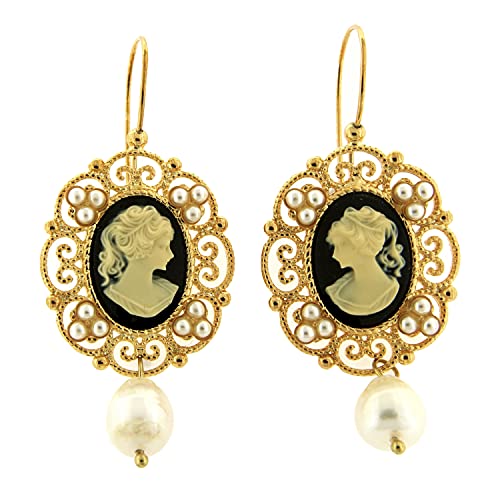 Vintage Ohrgehänge - aus Messing mit 24KT Gold - Handgefertigt in der Toskana, Made in Italy - zentrale schwarze Kammee mit Elfenbein-Perlen und Naturperlen-Anhänger von Mokilu'