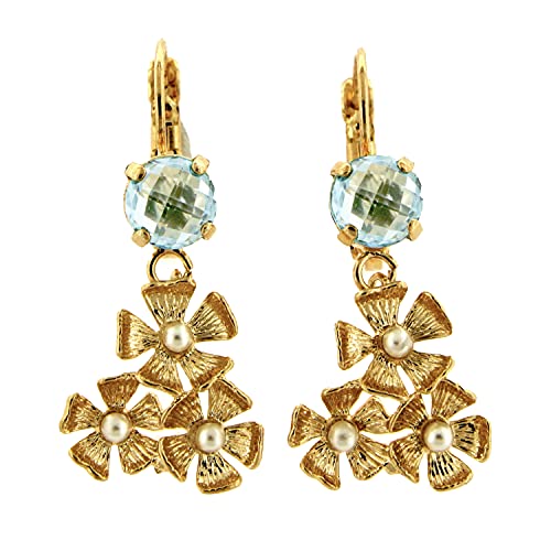 Vintage Ohrringe - aus Messing mit 24KT Gold - Handgefertigt in der Toskana, Made in Italy - Hellblauer Quarz-Zentralstein und Blumenmotiv mit Perlenzentrum als Anhänger von Mokilu'
