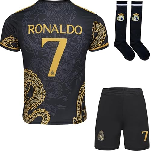 Mokiss R. Madrid #7 Kinder Trikot Fußball Spezielle Golddrachen-Edition, Shorts Socken Jugendgrößen (Schwarz,30) von Mokiss