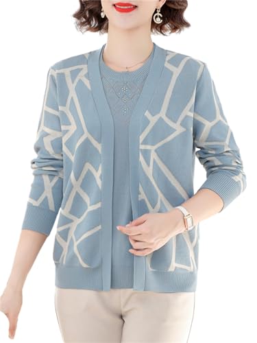 Mokkpeq Leichter Vorne Offener Langärmeliger Gestreifter Cardigan-Pullover Für Damen Kurzärmliges Strick-T-Shirt-Set Mit Rundhalsausschnitt von Mokkpeq