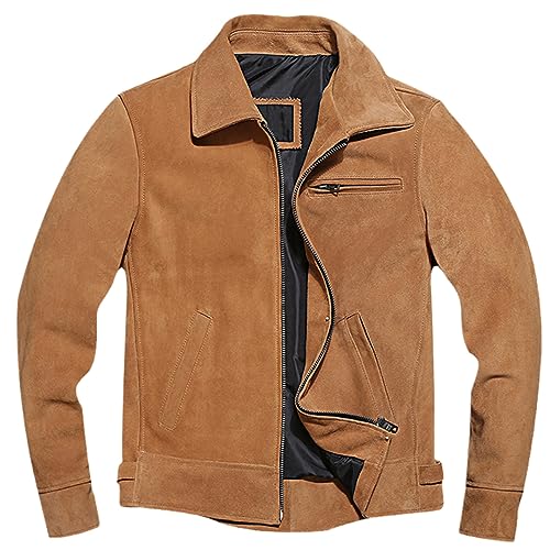 Mokkpeq Vintage Slim Fit Braune Wildlederjacke Für Herren, Langärmelige, Lässige Taschen, Bomberjacken Mit Umlegekragen von Mokkpeq