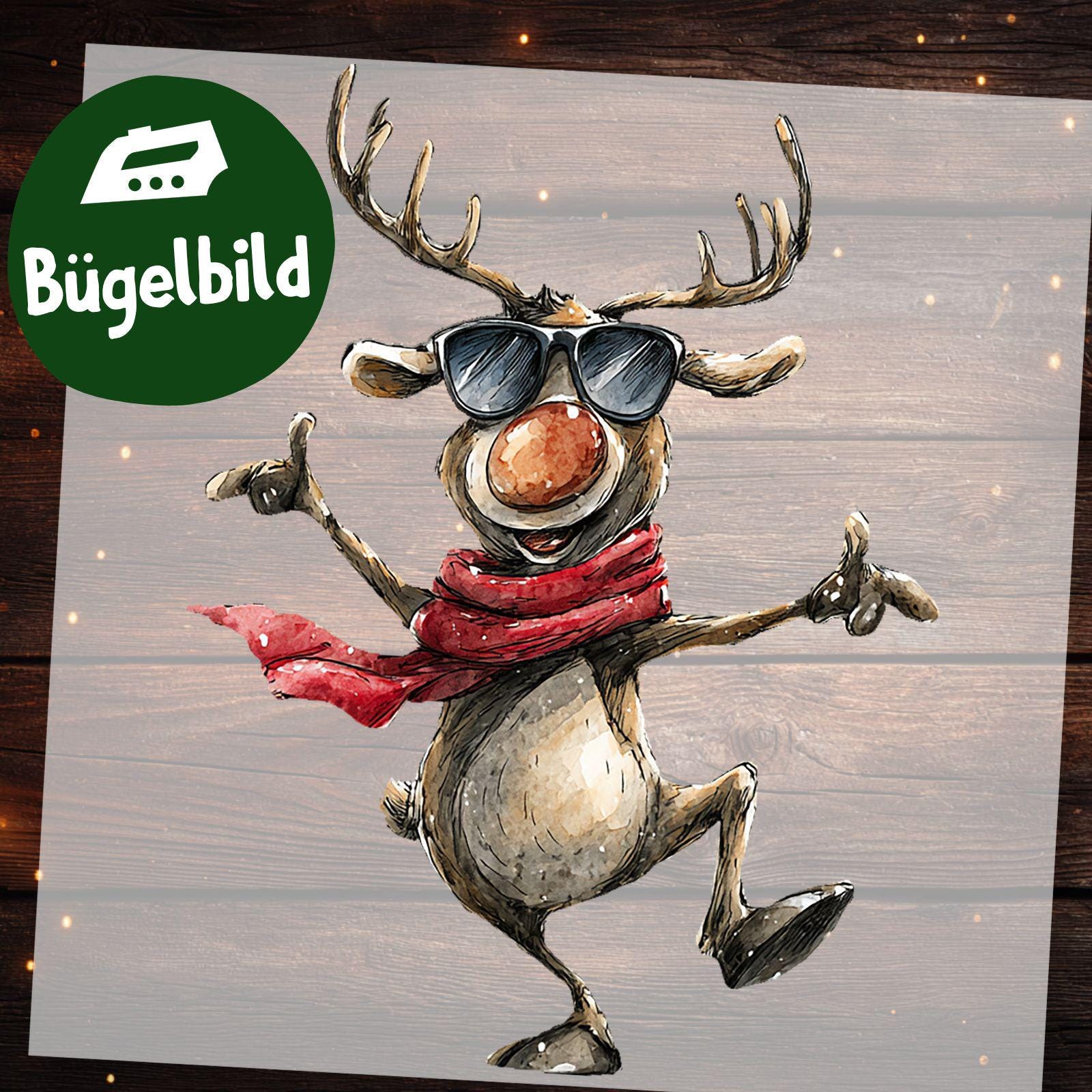 Bügelbild Lustiges Rentier, Weihnachtsrentier Mit Sonnenbrille Für Kinder Winter Shirt Und Festliche Textilgestaltung von MokoDesignDE