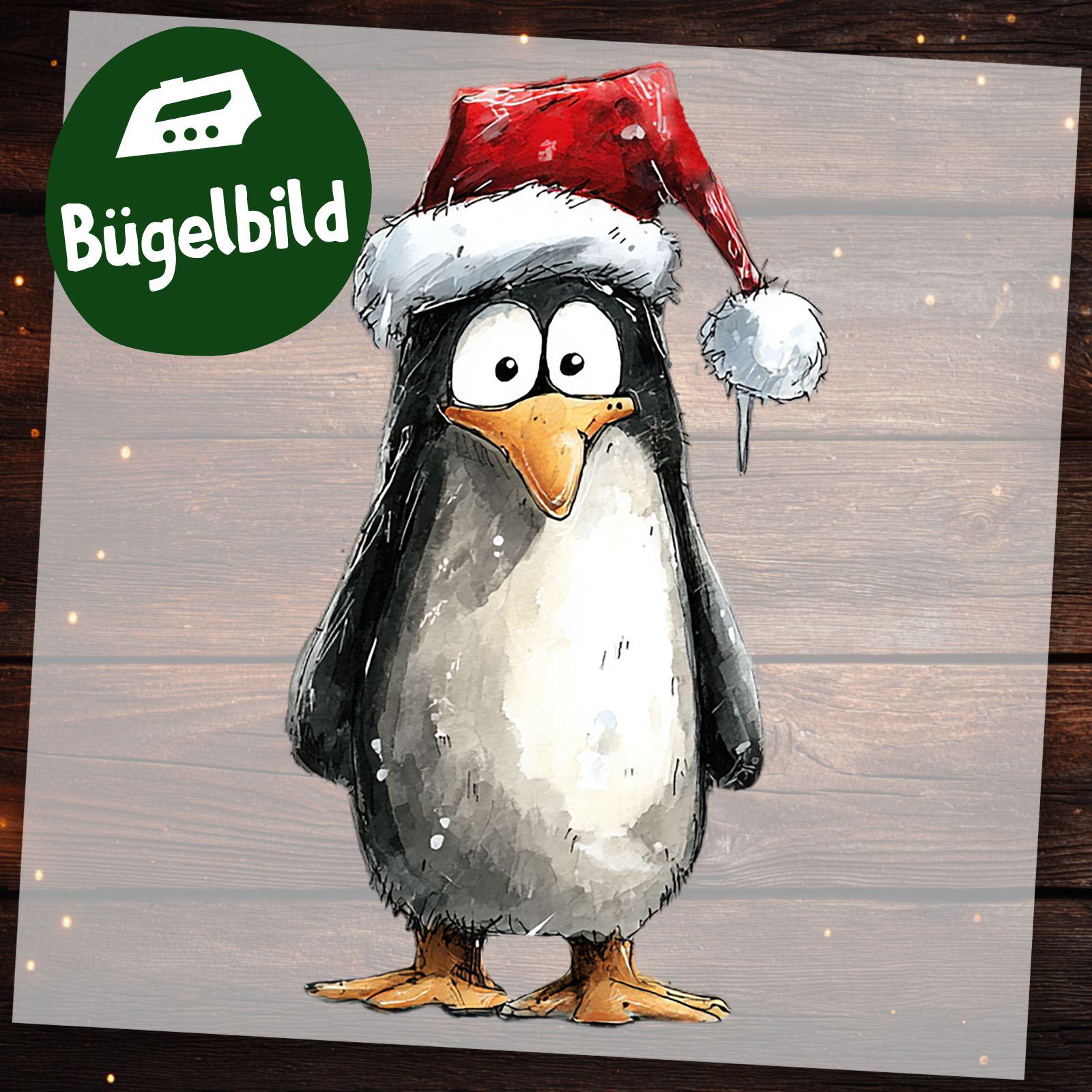 Bügelbild Pinguin Weihnachten - Lustiger Winter Mit Nikolausmütze Im Aquarell Stil Für Kinder Shirt & Schultüte von MokoDesignDE