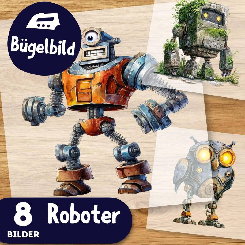 Bügelbild Roboter Set - 8 Lustige Maschinen Motive Im Aquarell Stil Zum Aufbügeln Für Kinder Shirt, Schultüte & Diy Kleidung von MokoDesignDE