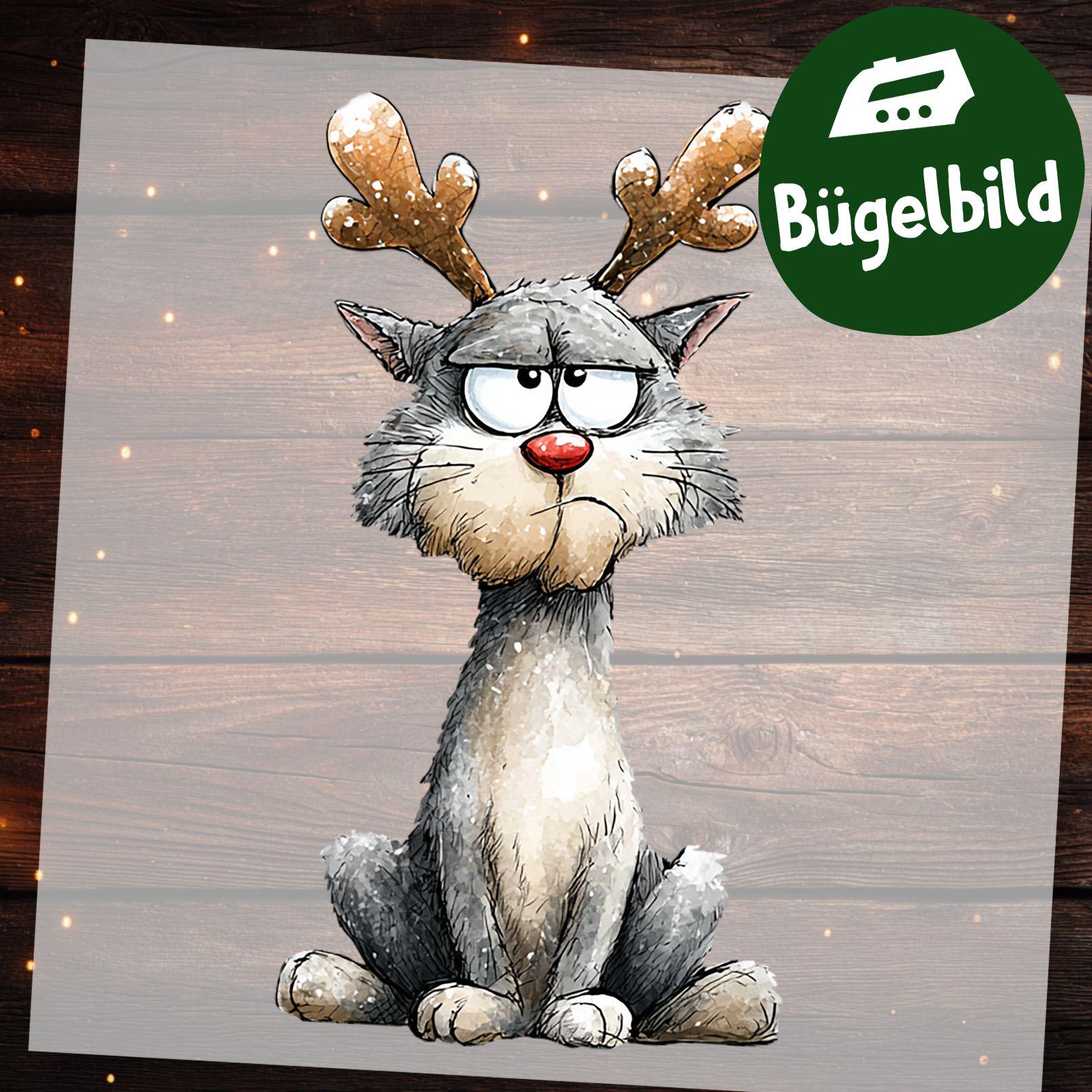 Bügelbild Weihnachtskatze - Lustiger Cartoon Kater Mit Geweih Zum Aufbügeln Für Kinder Shirt, Schultüte & Winter Deko von MokoDesignDE