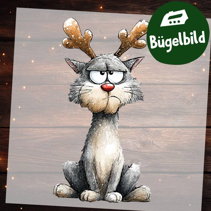 Bügelbild Weihnachtskatze - Lustiger Cartoon Kater Mit Geweih Zum Aufbügeln Für Kinder Shirt, Schultüte & Winter Deko von MokoDesignDE