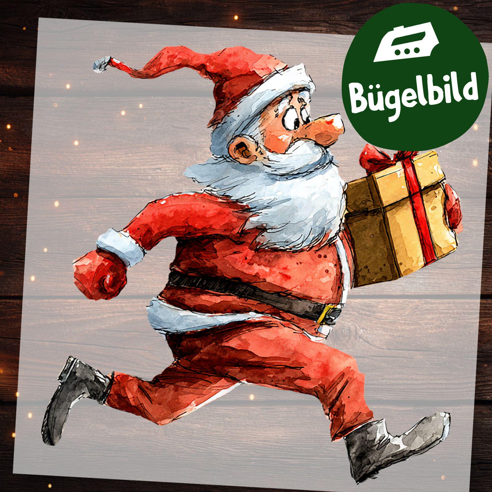 Bügelbild Weihnachtsmann - Lustiger Cartoon Santa Mit Geschenk Zum Aufbügeln Für Kinder Shirt, Schultüte & Weihnachtsdeko von MokoDesignDE