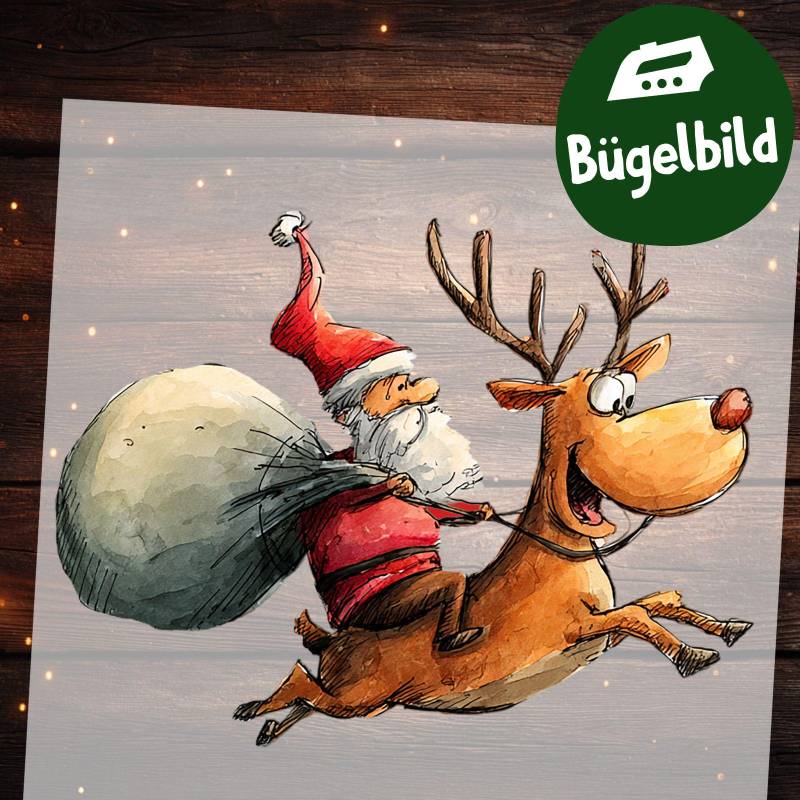 Bügelbild Weihnachtsmann & Rentier - Lustiger Cartoon Santa Mit Geschenk Sack Zum Aufbügeln Für Kinder Kleidung von MokoDesignDE