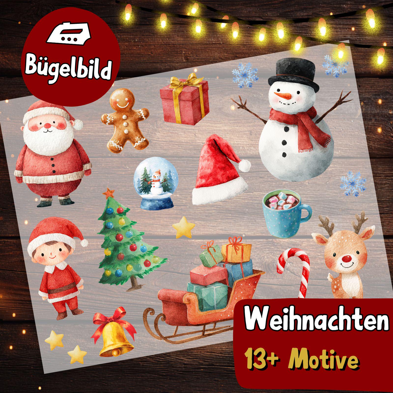Bügelset Weihnachten, 13 Motive Süße Aquarell Motive, Weihnachtsmann Aufbügeln Für Kinder Kleidung, Adventskalender Winter Schneemann von MokoDesignDE