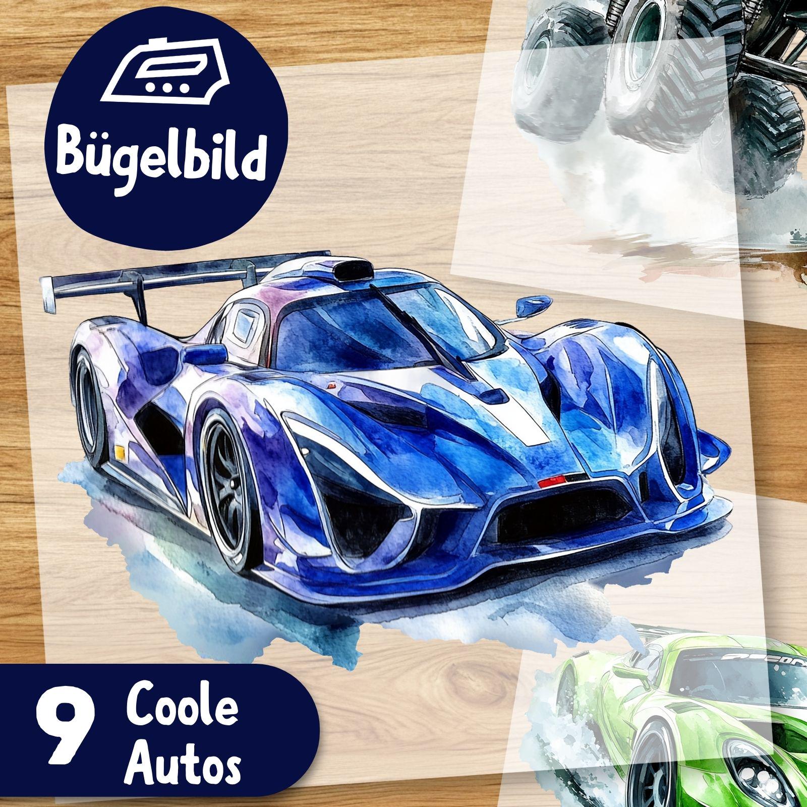 Coole Autos Bügelbilder, Rennauto Wasserfarbe Zum Aufbügeln, Driftende Sportautos, Monstertruck Kinder Tshirt Bügelmotiv, Autorennen Bilder von MokoDesignDE