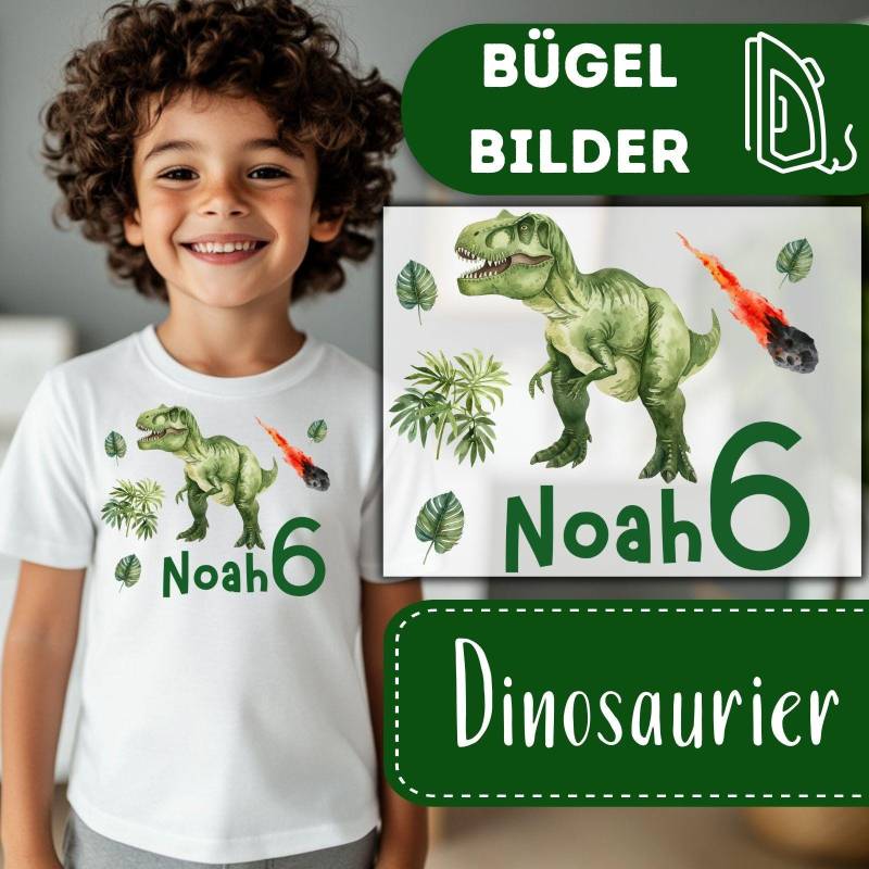 Dinosaurier Spaß Bügelbilder, Personalisierte Wasserfarbe Dino Grafiken Zum Aufbügeln, Dein Name Und Alter T-Rex, Dschungel Kinder Tshirt von MokoDesignDE