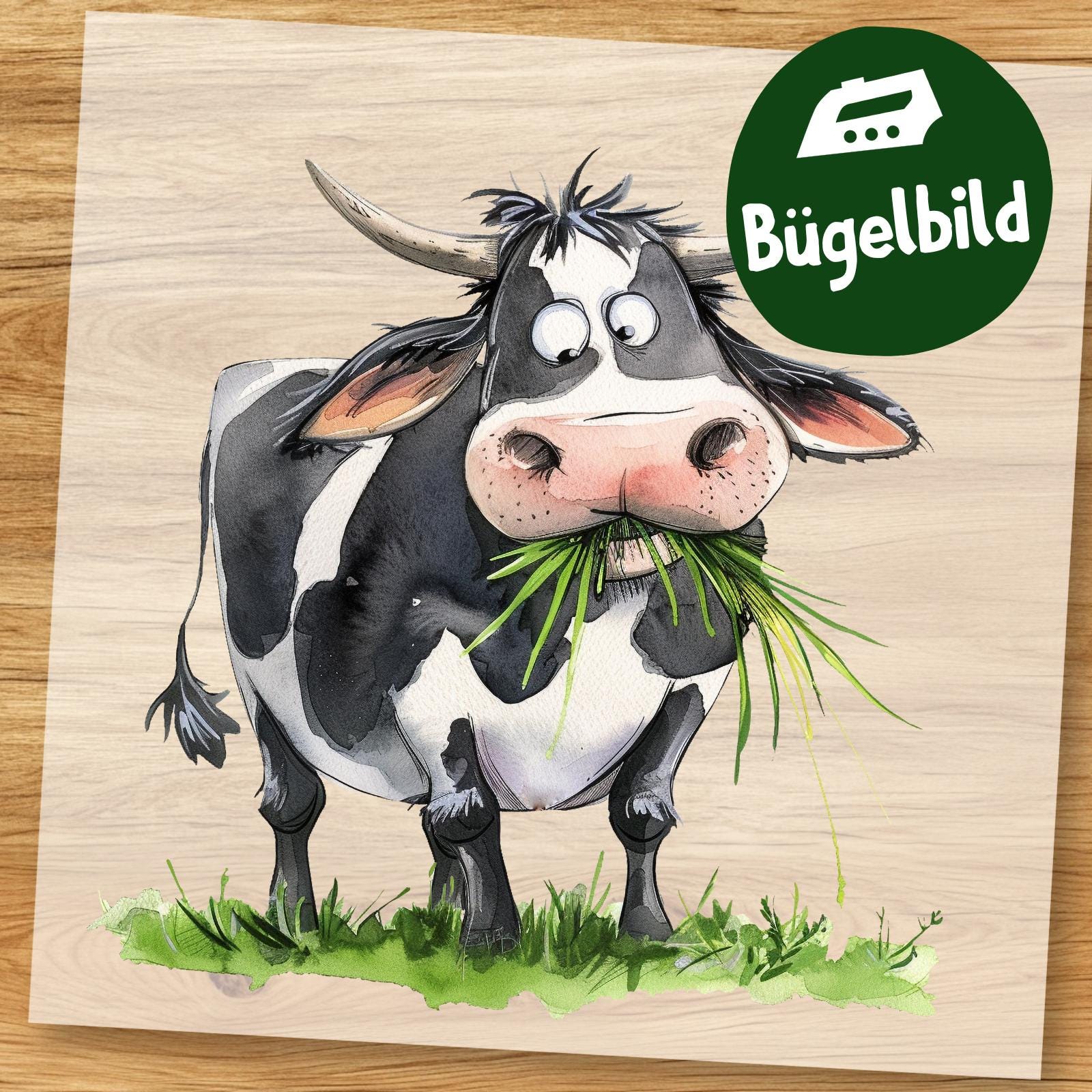 Lustige Kuh Bügelbild, Cartoon Beim Grasfressen Wasserfarbe Zum Aufbügeln, Bauernhof Tier Kinder Tshirt, Schultüte Bügelmotiv Witzig von MokoDesignDE