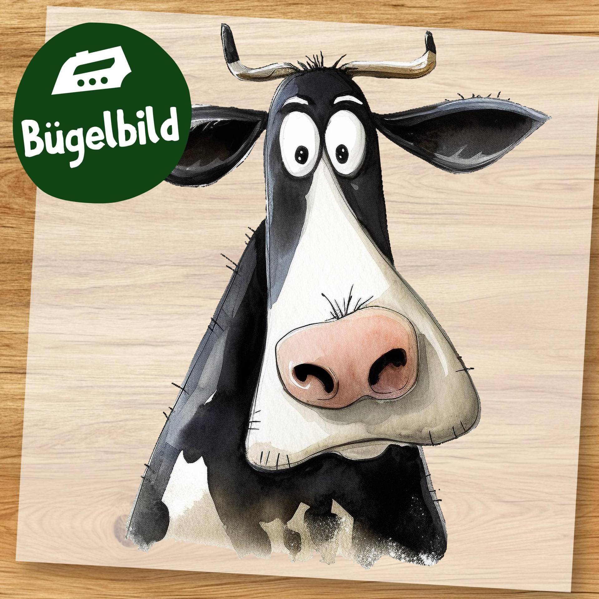 Lustige Kuh-Bügelbild, Cartoon Kuh Portrait Wasserfarbe Zum Aufbügeln, Bauernhof Tier Kinder Tshirt, Schultüte Bügelmotiv Witzig von MokoDesignDE