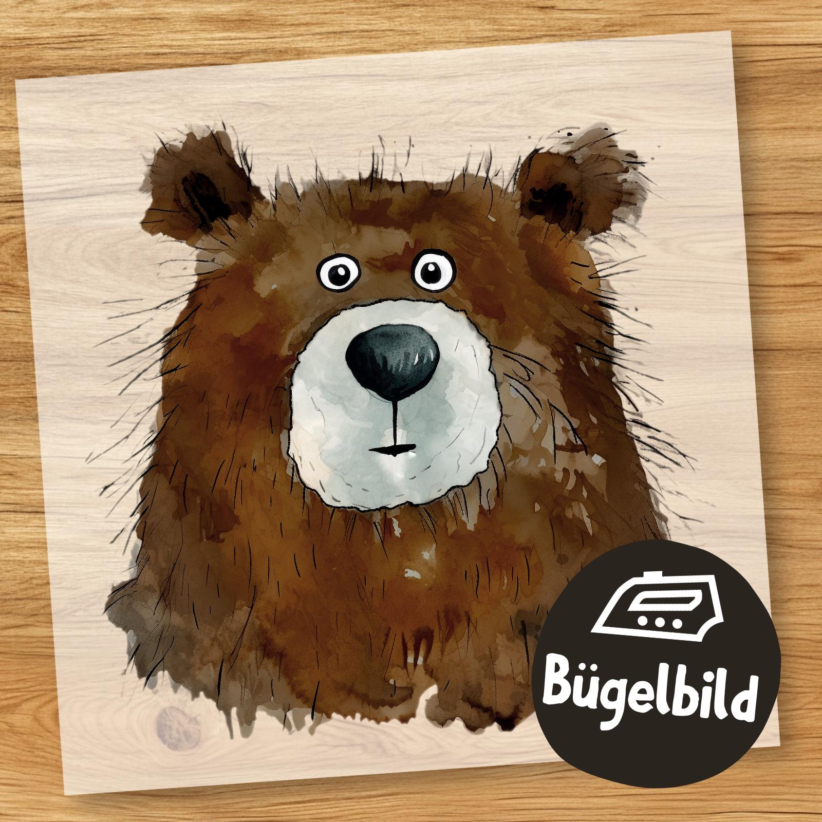 Lustiger Bär Bügelbild, Cartoon Braunbär Portrait Wasserfarbe Zum Aufbügeln, Teddy Kinder Tshirt, Waldtier Schultüte Bügelmotiv von MokoDesignDE