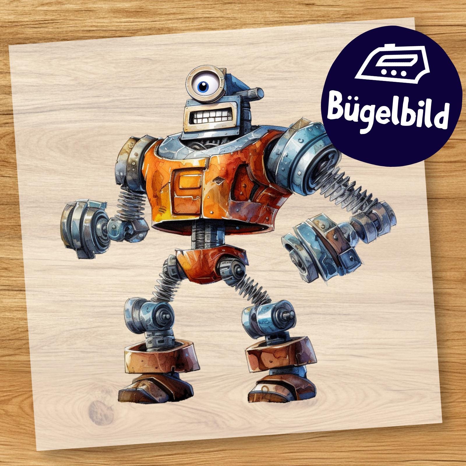 Lustiger Roboter Bügelbild, Cartoon Wasserfarbe Zum Aufbügeln, Bot Kinder Tshirt, Coole Schultüte Bügelmotiv Figur Witzig von MokoDesignDE