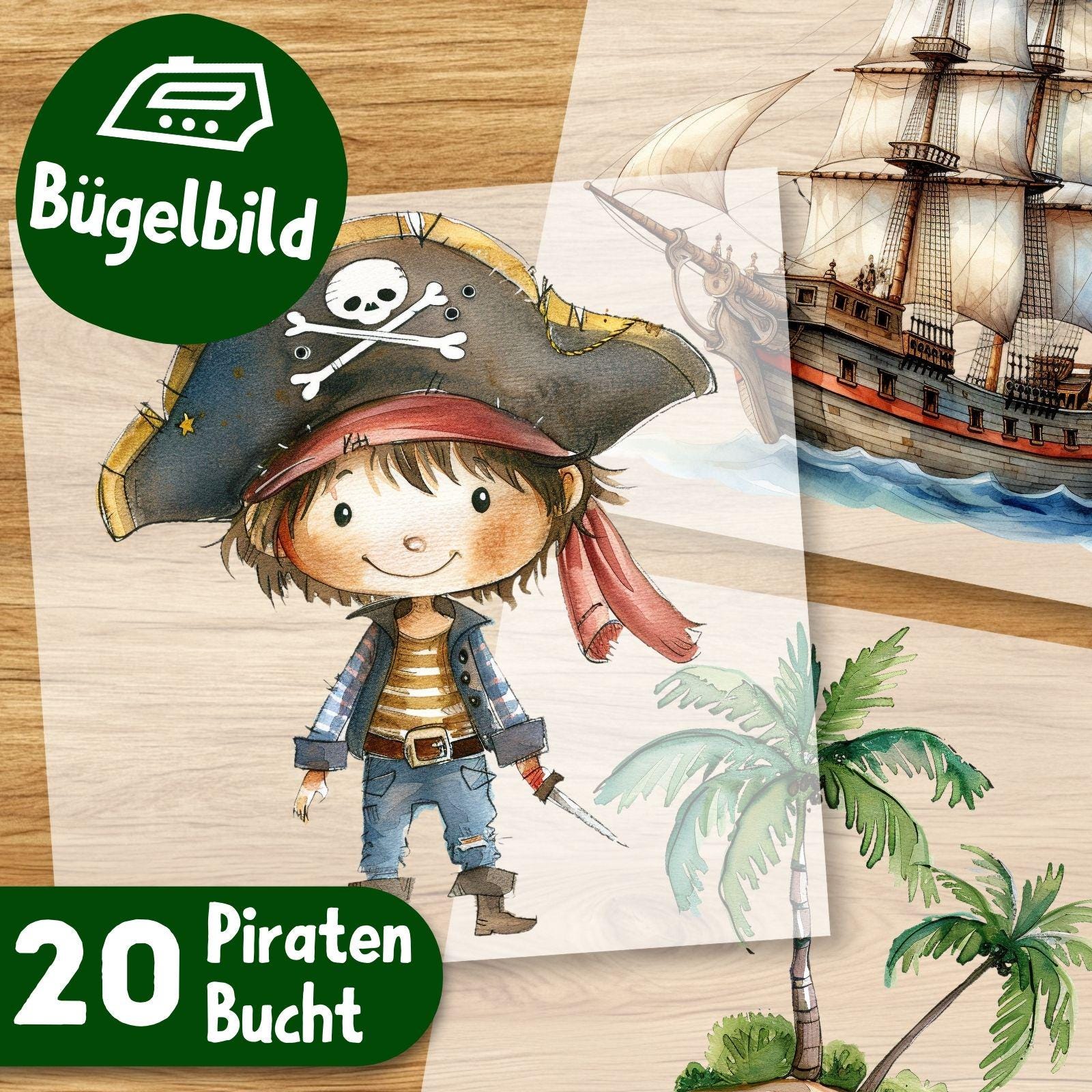 Piraten Bügelbilder, Wasserfarbe Schatzsuche Zum Aufbügeln, Piratenschiff Kinder Tshirt Bügelmotiv, Coole Seeräuber, Karibik Insel Transfer von MokoDesignDE