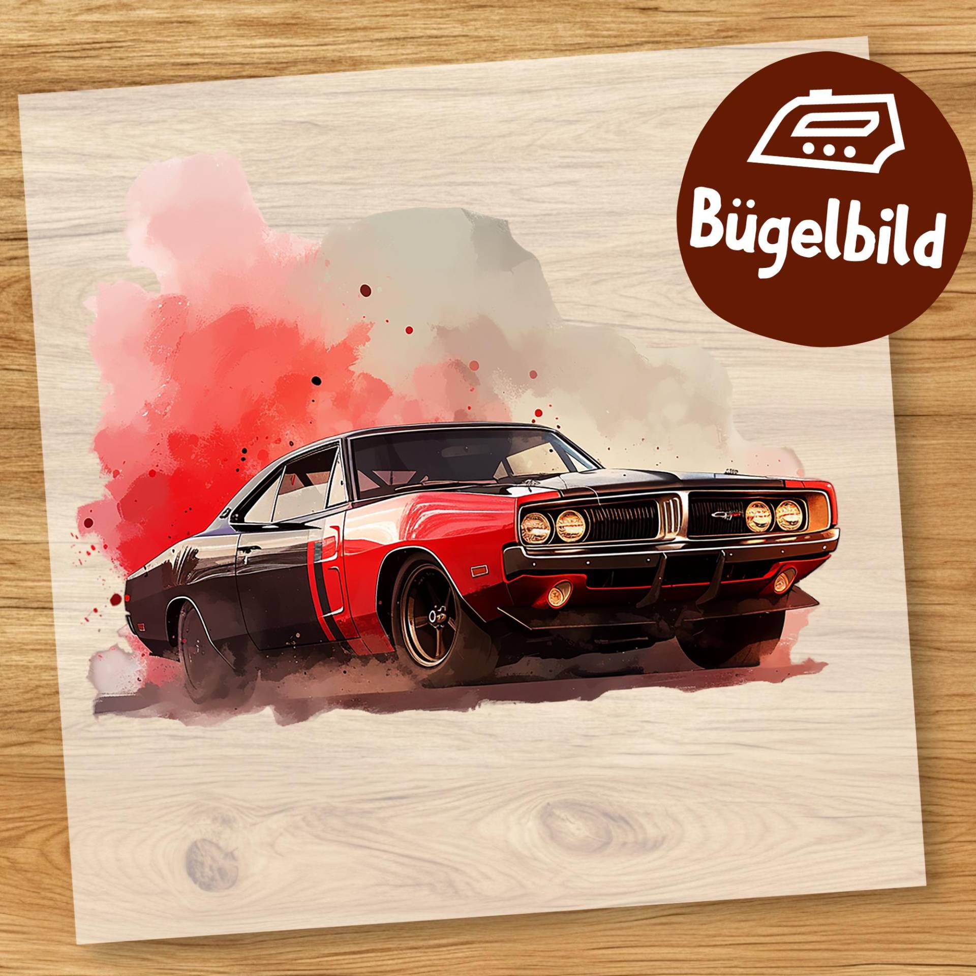 Roter Mustang Bügelbild, Cooles Auto Aquarell Zum Aufbügeln, Muskelauto Kinder Shirt, Flitzer Schultüte Bügelbild Jungen Rennauto Schnell von MokoDesignDE