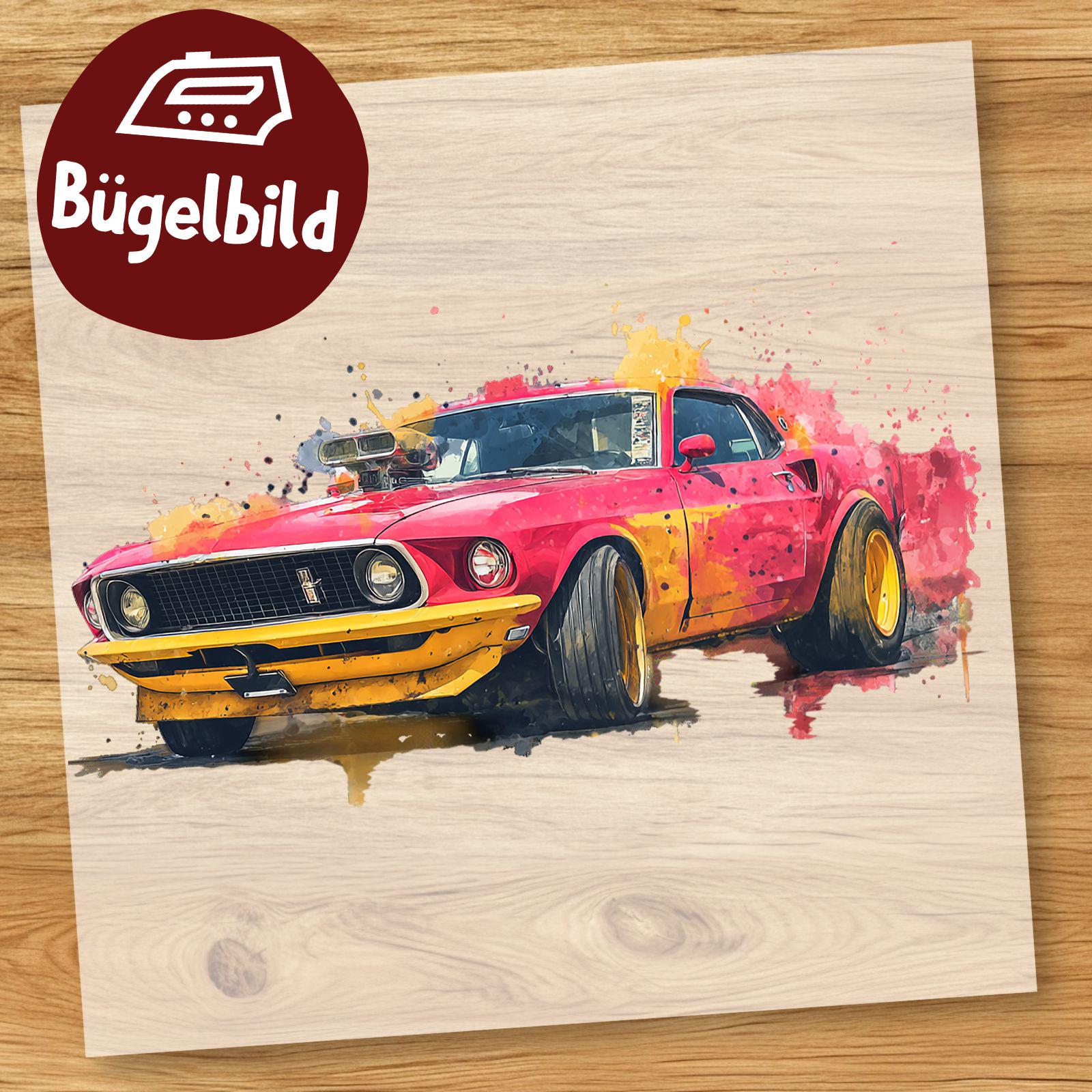 Roter Mustang Bügelbild, Cooles Auto Aquarell Zum Aufbügeln, Muskelauto Kinder Shirt, Flitzer Schultüte Bügelbild Jungen Rennauto Schnell von MokoDesignDE