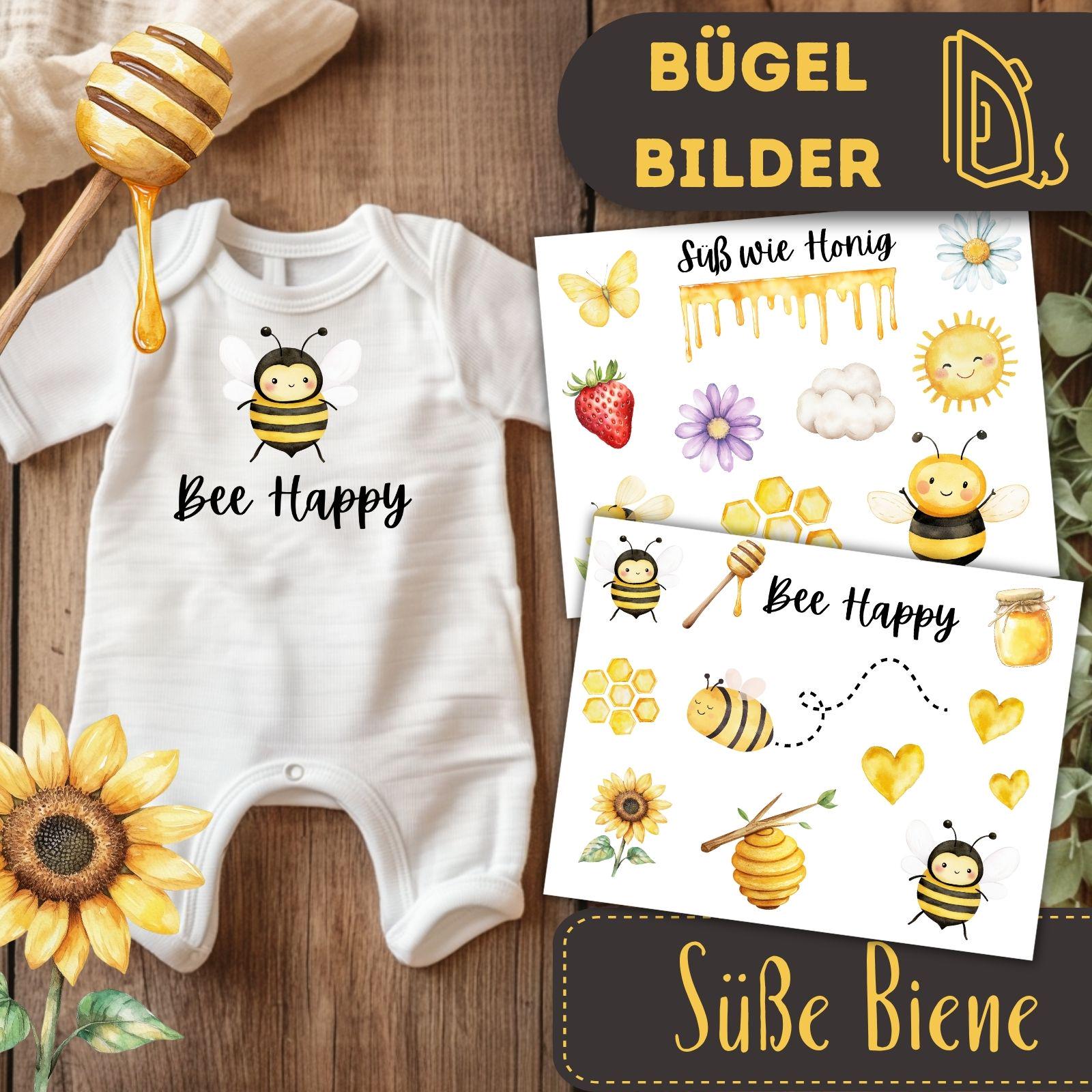Süße Biene Bügelbilder 2Er Set, Wasserfarbe Grafiken Zum Aufbügeln, Honig Illustrationen Für Kinder Tshirt, Bee Happy Baby von MokoDesignDE