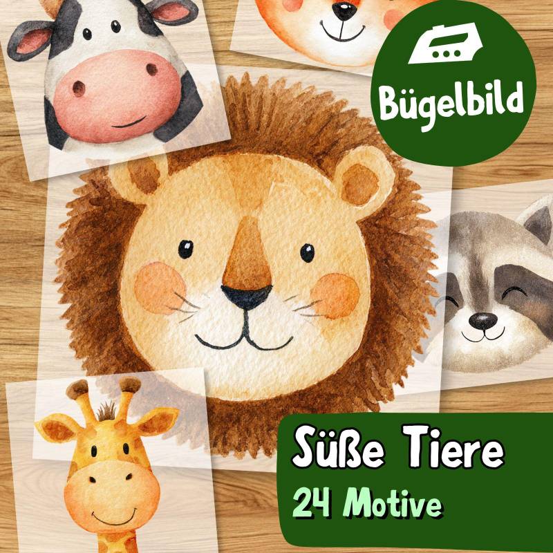 Süße Tiere Bügelbild 24 Motiv, Kinder Aufbügelr, Aquarell Tiergesichter, Babykleidung, Tier Einzelmotiv Bügeltransfer von MokoDesignDE