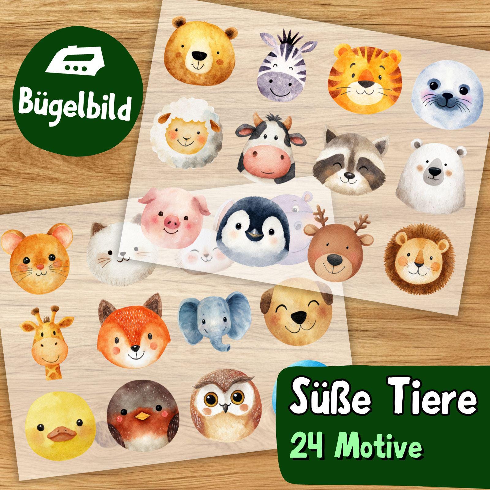 Süße Tiere Bügelbild Set 24 Motive, Kinder Aufbügler, Aquarell Tiergesichter, Babykleidung, Tiermotiv Bügeltransfer von MokoDesignDE