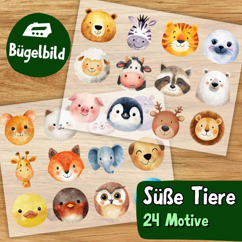 Süße Tiere Bügelbild Set 24 Motive, Kinder Aufbügler, Aquarell Tiergesichter, Babykleidung, Tiermotiv Bügeltransfer von MokoDesignDE