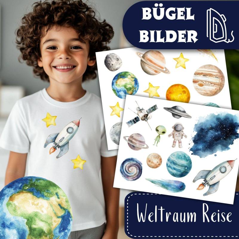 Weltraum Reise Bügelbilder, Wasserfarbe Grafiken Zum Aufbügeln, Raumschiff, Planeten Und Sterne, Illustrationen Für Kinder Tshirt Weltraum Reise Bügelbilder, Wasserfarbe Grafiken Zum Aufbügeln, Raumschiff, Planeten Und Sterne, Illustrationen Für Kinder Tshirt von MokoDesignDE