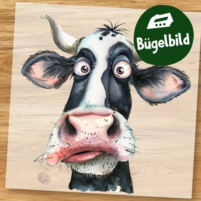 Witzige Kuh Bügelbild, Cartoon Portrait Wasserfarbe Zum Aufbügeln, Bauernhof Tier Kinder Tshirt, Schultüte Bügelbild Lustig von MokoDesignDE