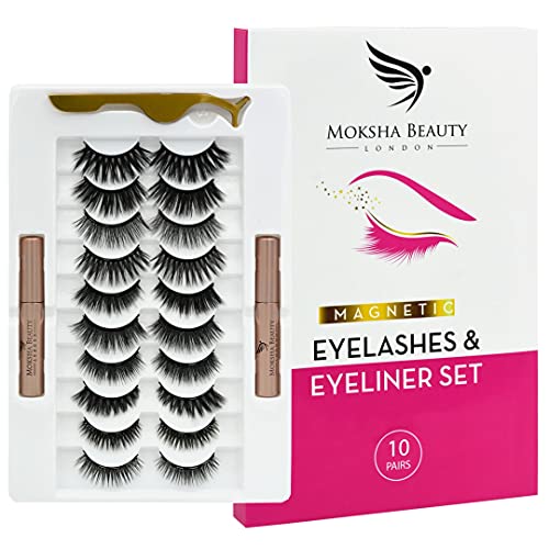 Magnetische Wimpern und magnetischer Eyeliner im Set - Wiederverwendbare künstliche 3D-Wimpern mit Pinzette | Kleberfrei, wasserfester Eyeliner | Natürlicher Look (10 Pairs) von Moksha Beauty