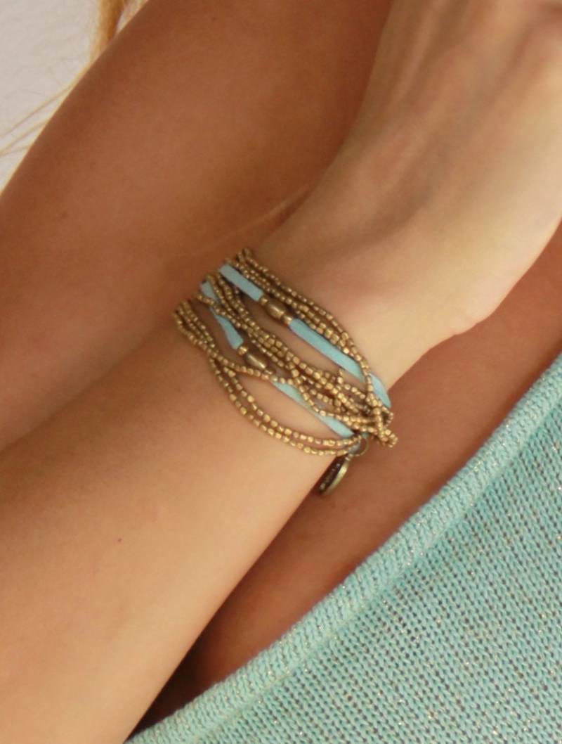 Messing-Rocailles Armband Türkis Boho Wickelarmband von MokshaJewelryIbiza