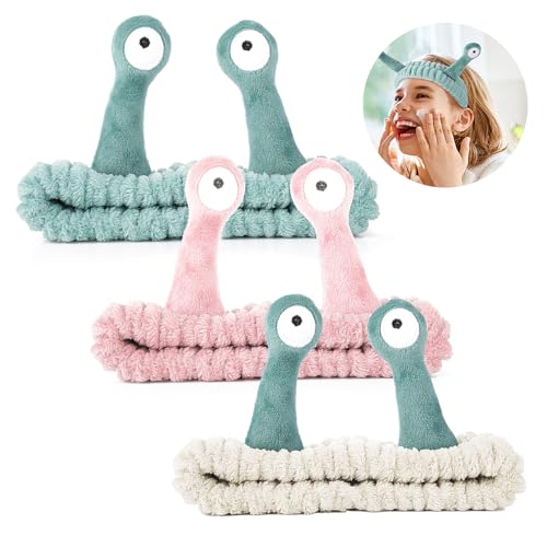 3 Stück Schnecken Gesichtswasch Stirnband Spa für Damen Mädchen Korallen Fleece Make Up Hautpflege Stirnbänder Niedliches Elastisches Kopfband Haarband Haar Accessoires (Grün und Beige/Grün/Rosa) von Molain