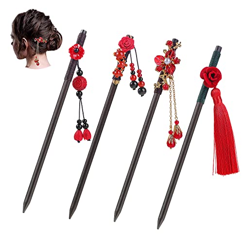 4 Stück Holz Haarnadeln chinesische japanische Haar sticks Vintage Blume Haars täbchen hand gefertigt Holz Haars tock klassische Haar Essstäbchen Haarnadel-Accessoires mit Quaste für Frauen Mädchen von Molain