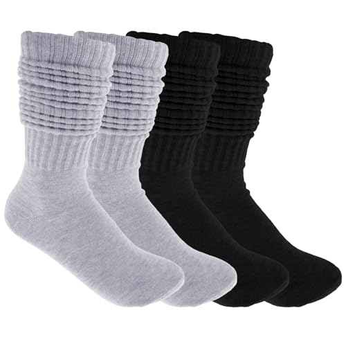 Molain 2 Paar Damen Slouch Socken, Herbst Winter Gestapelt Socken Weiche Stricken Scrunch Socken Extra lange Knit Baumwolle Slouch Socke Stulpensocken Damen (schwarz + grau) von Molain