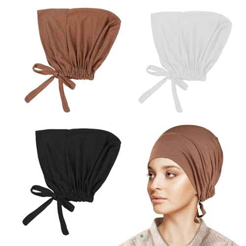 Molain 3 Stück Hijab Untertuch, muslimische kleider damen hijab, sommer kopftuch damen Elastische Atmungsaktive kopftücher Hijab Cap mit Tie-Back-Verschluss für Frauen (Schwarz+Khaki+Weiß) von Molain