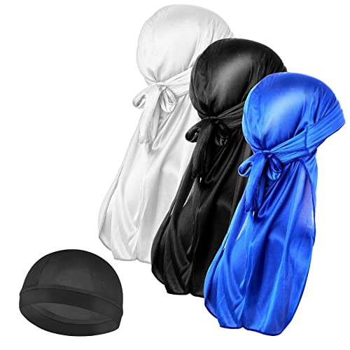 Molain Herren 3 Stück Seiden-Wellenkappe und 1 Stück seidige Durag-Kappen mit langem Schwanz Headwraps Elastische Durags Weiche atmungsaktive seidige Strumpf-Wellen-Haarkappe Perfekt für 360/720 von Molain