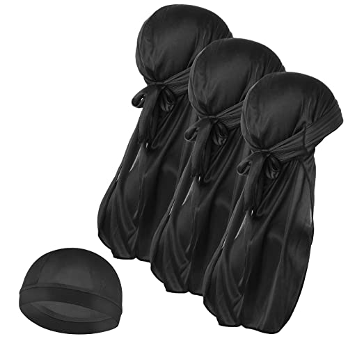 Molain Herren 3 Stück Seidenkappe und 1 Stück seidige Durag Kappen mit langem Schwanz elastische Durags weiche atmungsaktive seidige Strümpfe gewellte perfekt für 360/720 Wellen Einheitsgröße von Molain