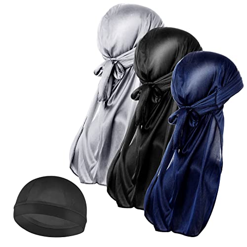 Molain Herren 3 Stück Seidenwellen Kappe und 1 Stück seidige Durag Kappen mit langem Schwanz elastische Durags weich atmungsaktiv seidig gewellt perfekt für 360/720 Wellen Schwarz Silber Marineblau von Molain