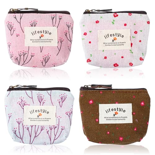 Molain Kleine Make-up-Tasche mit Blumenmuster, Mini-Kosmetiktasche mit Reißverschluss, tragbare Münztasche, Blumen-Kosmetik-Organizer für Damen, Geldbörse, 4 Stück von Molain