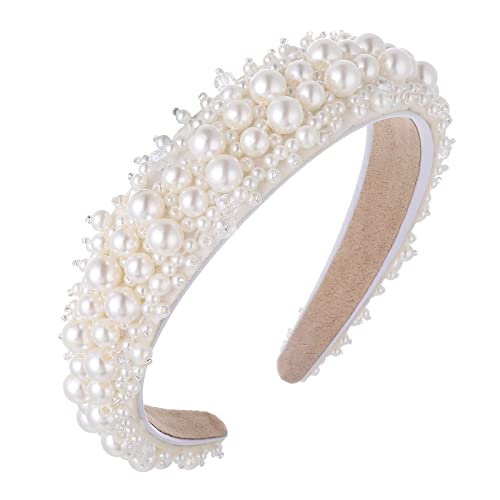 Molain Stirnbänder mit Kunstperlen, weißer glitzernder Knoten, Strass, Satin, breit, dick, Brautschmuck, Perlen, eleganter Haarreifen, Hochzeit, Ostern, Party, Haarstyling-Zubehör für Frauen und von Molain